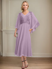 A-line V-Neck Tea-Length Chiffon Lace Mother of the Bride Dress With Beading Sequins
