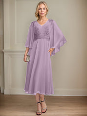 A-line V-Neck Tea-Length Chiffon Lace Mother of the Bride Dress With Beading Sequins