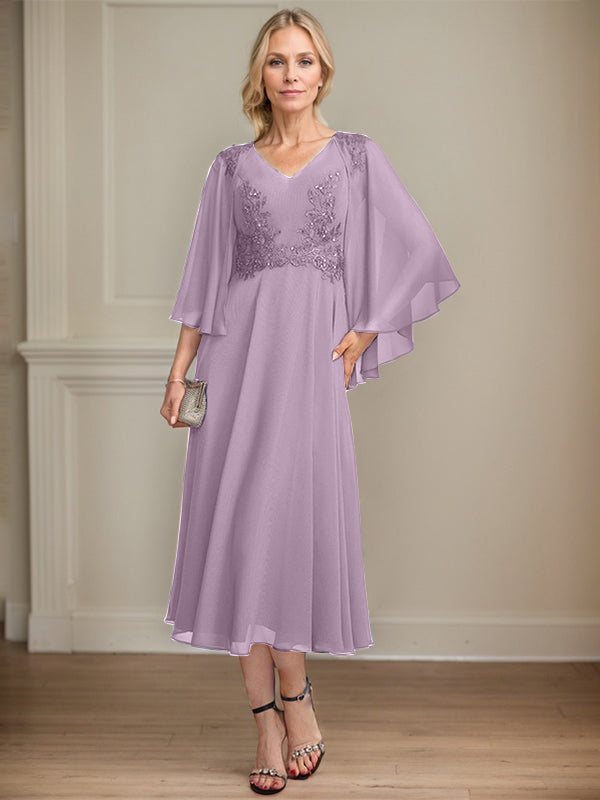 A-line V-Neck Tea-Length Chiffon Lace Mother of the Bride Dress With Beading Sequins