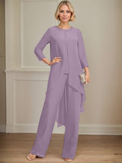 Separates Jumpsuit/Pantsuit Scoop Floor-Length Chiffon Mother of the Bride Dress With Sequins Beading