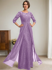 A-Line Scoop Illusion Floor-Length Lace Chiffon Mother Of the Bride Dress With Beading Ruffles