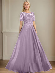A-line Scoop Illusion Floor-Length Chiffon Lace Mother of the Bride Dress With Sequins Beading
