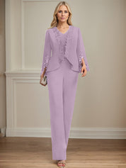 Separates Jumpsuit/Pantsuit V-Neck Floor-Length Chiffon Mother of the Bride Dress
