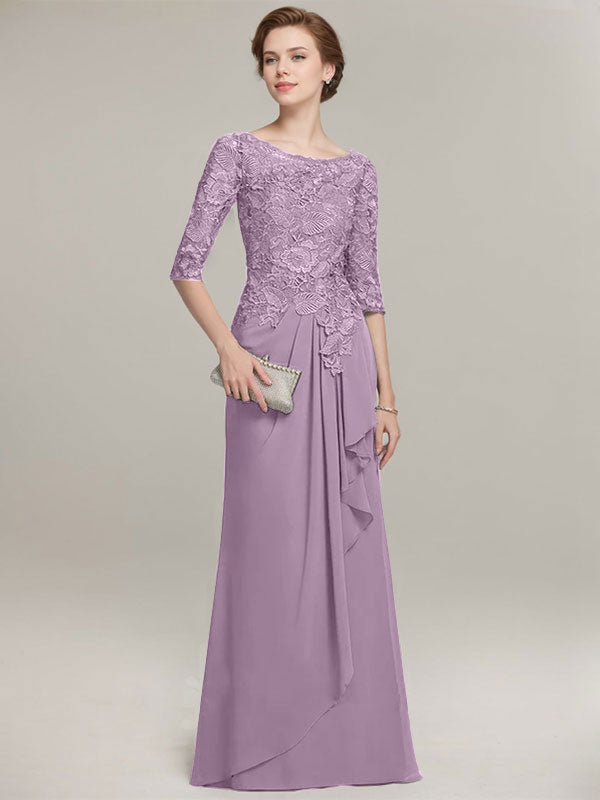 A-line Scoop Illusion Floor-Length Lace Chiffon Mother of the Bride Dress With Cascading Ruffles
