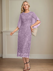 Sheath/Column Scoop Tea-Length Lace Chiffon Mother of the Bride Dress