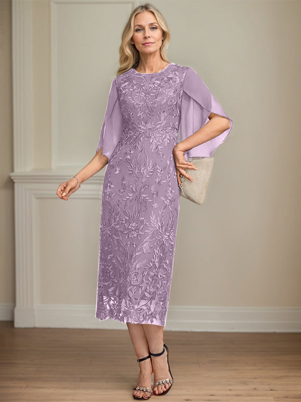 Column Scoop Tea-Length Lace Chiffon Mother of the Bride Dress