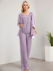 Separates Jumpsuit/Pantsuit Scoop Floor-Length Lace Chiffon Mother of the Bride Dress With Sequins