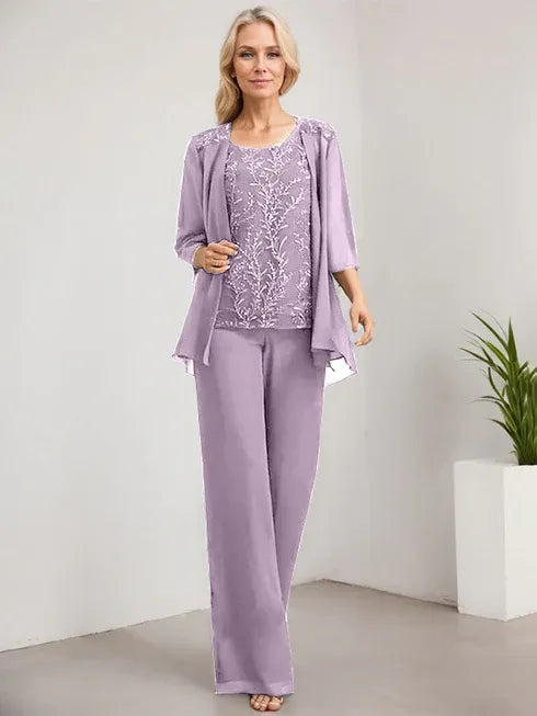 Pantsuit Scoop Floor-Length Lace Chiffon Mother of the Bride Dress With Sequins
