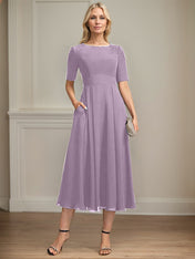 A-line Scoop Tea-Length Chiffon Mother of the Bride Dress With Appliques Lace Sequins