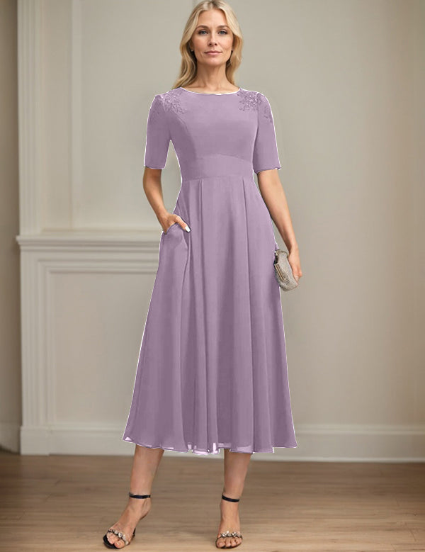 A-line Scoop Tea-Length Chiffon Mother of the Bride Dress With Appliques Lace Sequins