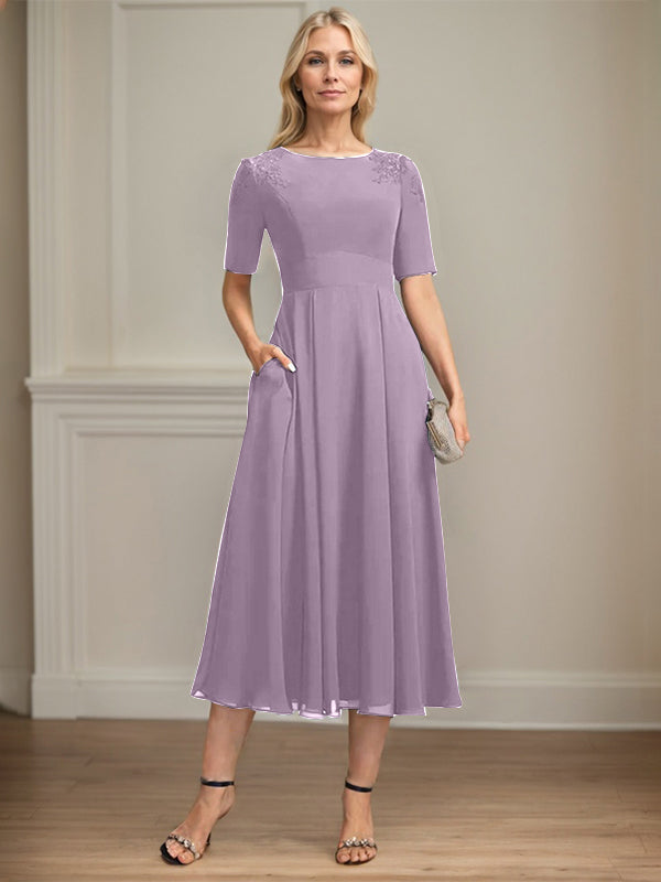 A-line Scoop Tea-Length Chiffon Mother of the Bride Dress With Appliques Lace Sequins