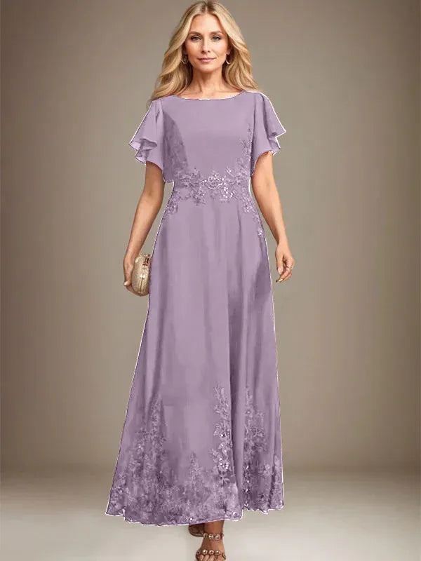 Robe de mère de la mariée trapèze en mousseline de soie et dentelle, longueur cheville, avec paillettes 