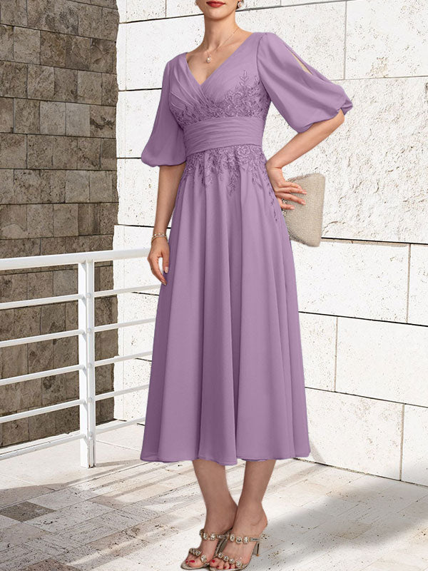A-line V-Neck Tea-Length Lace Chiffon Mother of the Bride Dress With Pleated