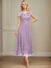 A-line Illusion Scoop Tea-Length Lace Chiffon Mother of the Bride Dress With Sequins