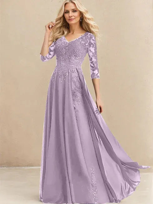 A-line V-Neck Floor-Length Lace Chiffon Mother of the Bride Dress With Sequins