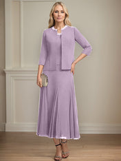 Separates A-line Scoop Tea-Length Chiffon Mother of the Bride Dress With Sequins Beading