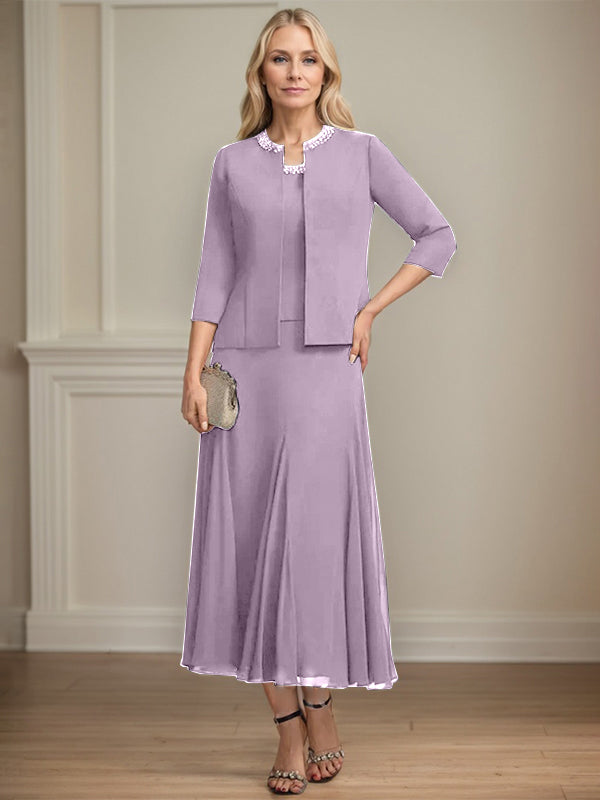 Separates A-line Scoop Tea-Length Chiffon Mother of the Bride Dress With Sequins Beading