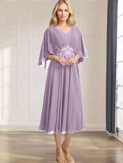 A-line V-Neck Tea-Length Chiffon Mother of the Bride Dress With Pleated Sequins Appliques Lace Beadind