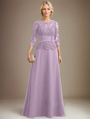 A-line Scoop Illusion Floor-Length Chiffon Lace Mother of the Bride Dress With Pleated Sequins Beading
