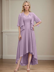 A-line V-Neck Asymmetrical Chiffon Mother of the Bride Dress With Beading Sequins