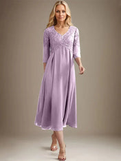 A-line V-Neck Tea-Length Chiffon Lace Mother of the Bride Dress With Beading