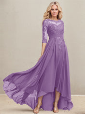 A-line Scoop Illusion Asymmetrical Lace Chiffon Mother of the Bride Dress With Pleated Sequins