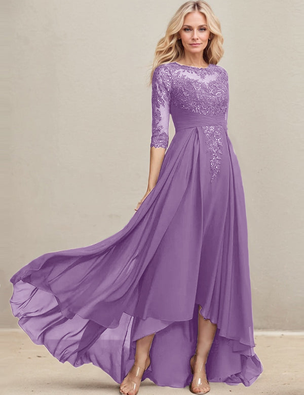 Robe de mère de la mariée asymétrique en mousseline de soie et dentelle, coupe trapèze, décolleté en V, avec sequins plissés 
