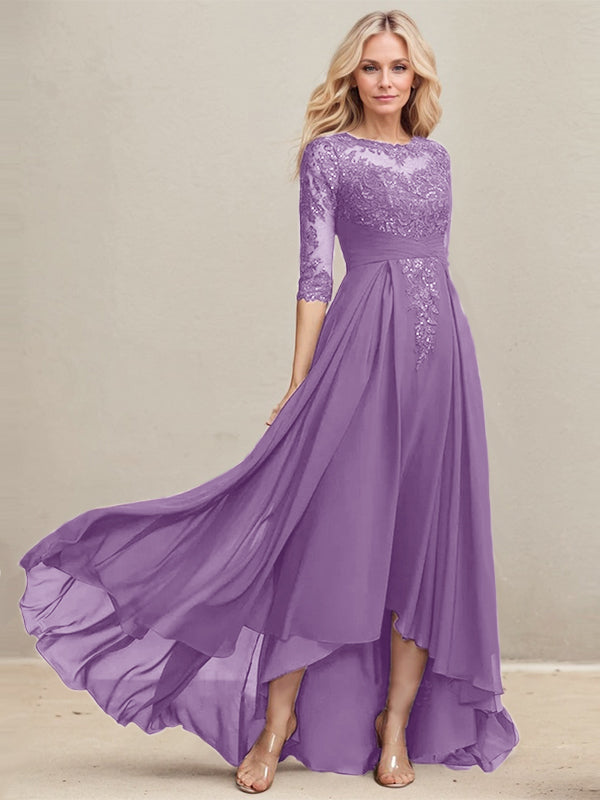 A-line Scoop Illusion Asymmetrical Lace Chiffon Mother of the Bride Dress With Pleated Sequins