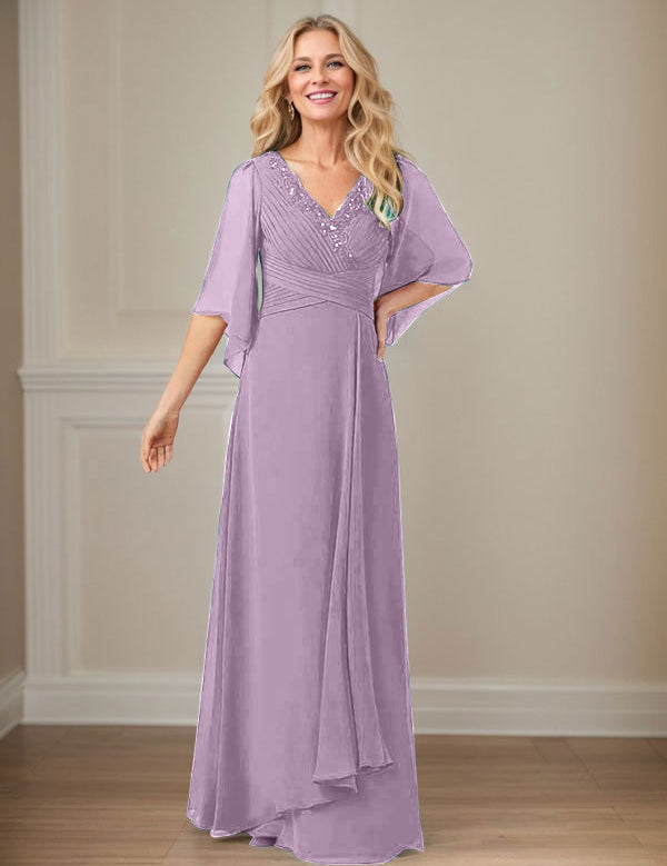Robe mère de la mariée longue en mousseline à paillettes et col en V