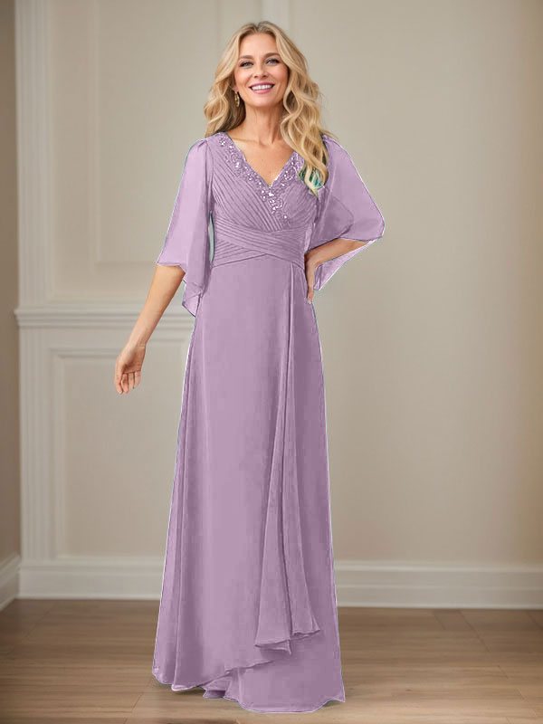 A-Line V-Neck Long Sequins Chiffon Mother Dress