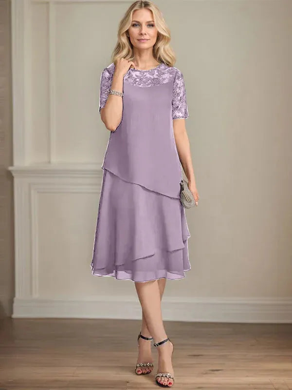 A-line Scoop Illusion Knee-Length Lace Chiffon Mother of the Bride Dress With Sequins