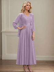 A-line V-Neck Ankle-Length Chiffon Mother of the Bride Dress With Sequins Appliques Lace Beading