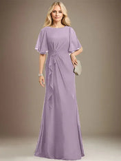A-line Scoop Floor-Length Chiffon Mother of the Bride Dress With Cascading Ruffles Beading Sequins