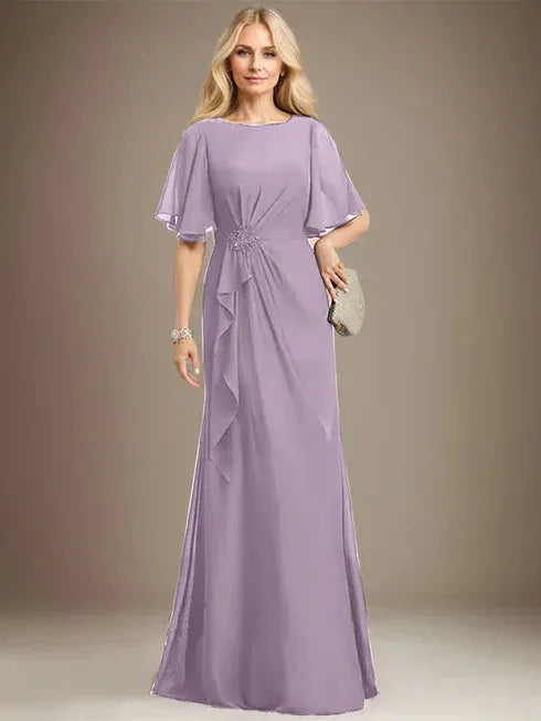 A-line Scoop Floor-Length Chiffon Mother of the Bride Dress With Cascading Ruffles Beading Sequins