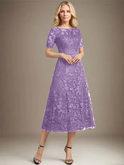 A-line Scoop Illusion Tea-Length Lace Mother of the Bride Dress With Sequins