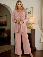 Chiffon Mother of the Bride Pantsuits with Jacket & Sequins
