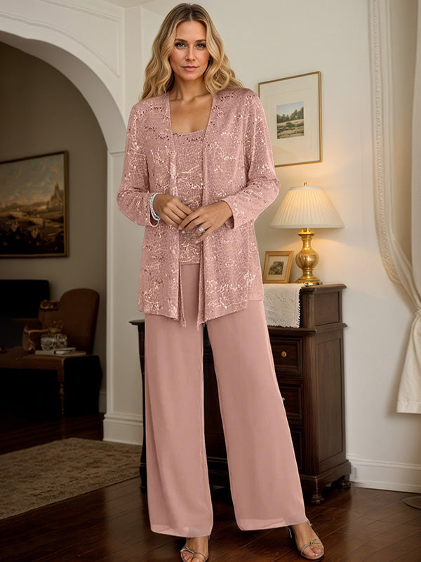 Chiffon Mother of the Bride Pantsuits with Jacket & Sequins