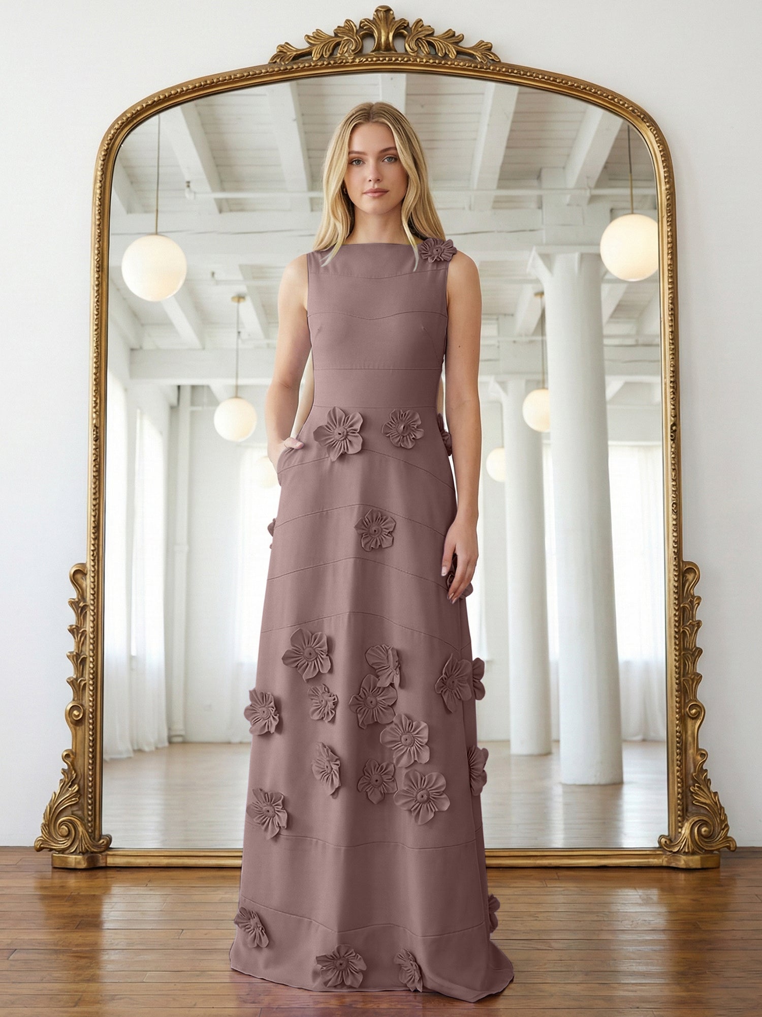 Lavender Boat Neck Formal Gown with Cascading 3D Flowers