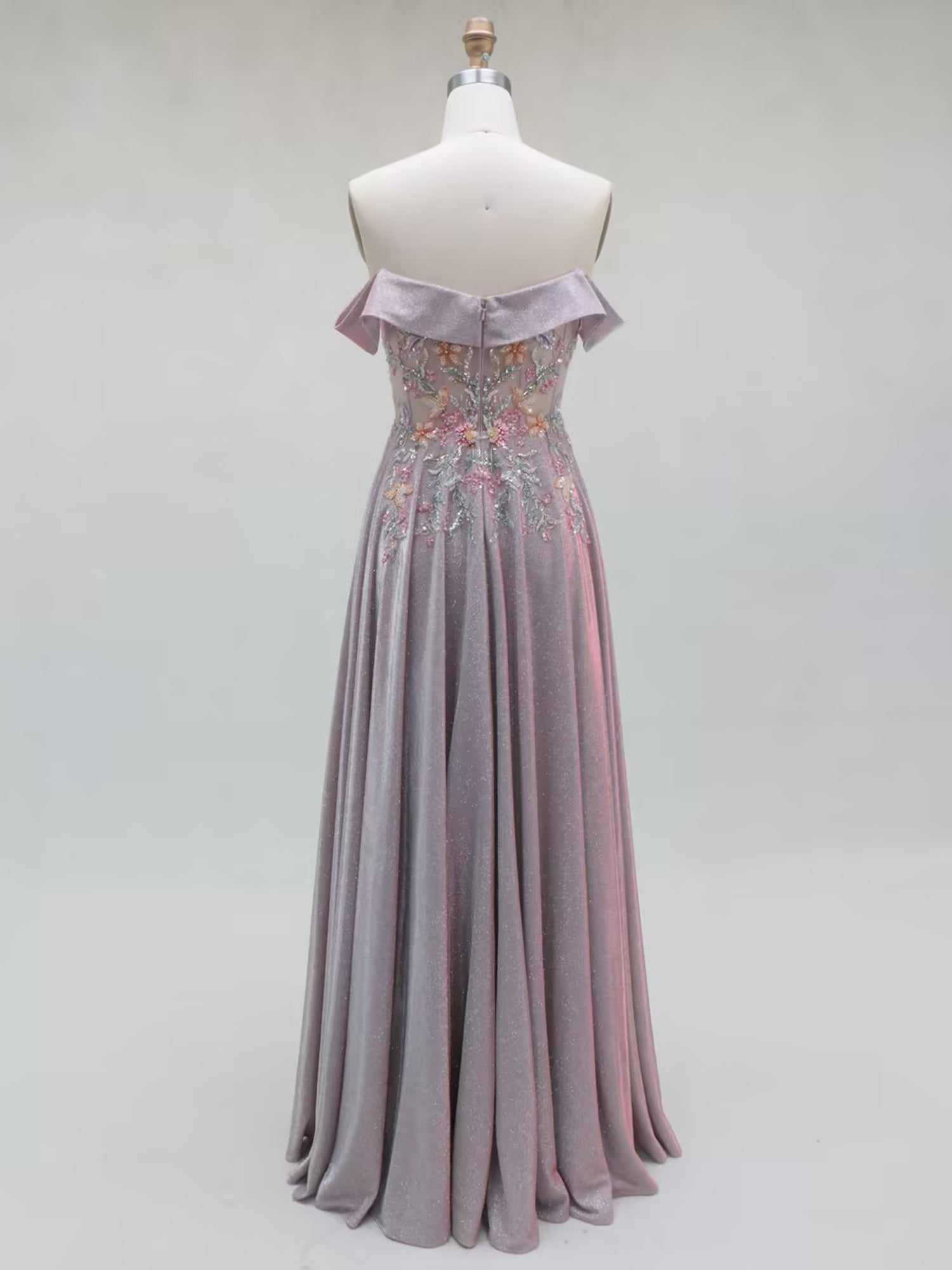 Mauve Floral Off-the-Shoulder Shimmer Long Prom Dress