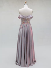 Mauve Floral Off-the-Shoulder Shimmer Long Prom Dress