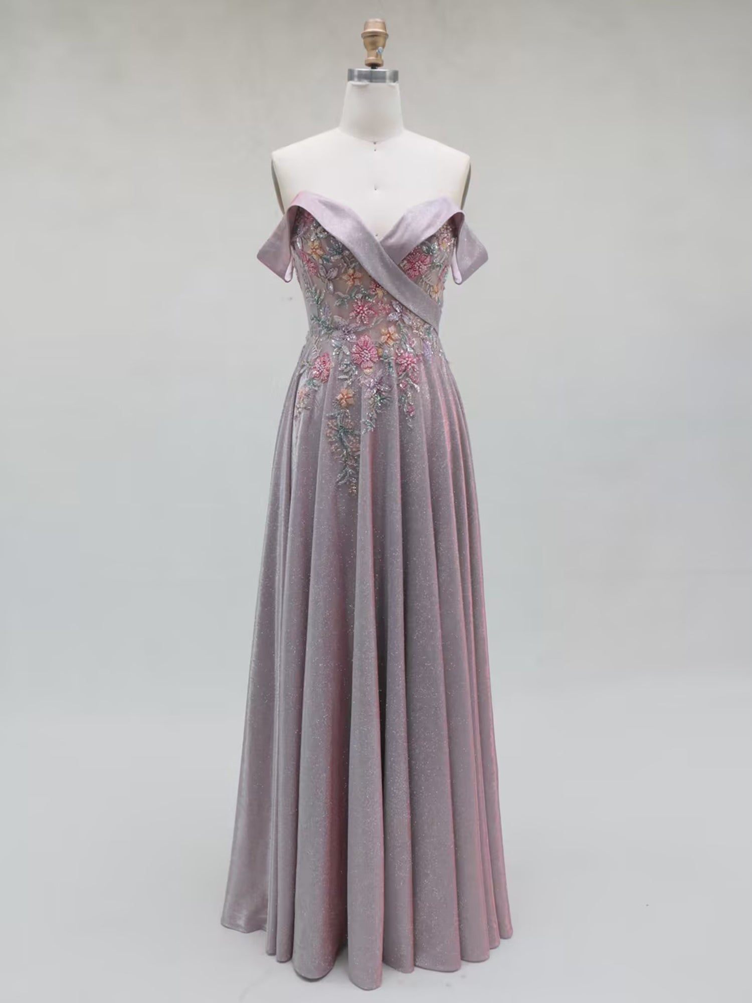 Mauve Floral Off-the-Shoulder Shimmer Long Prom Dress