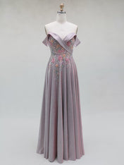 Mauve Floral Off-the-Shoulder Shimmer Long Prom Dress