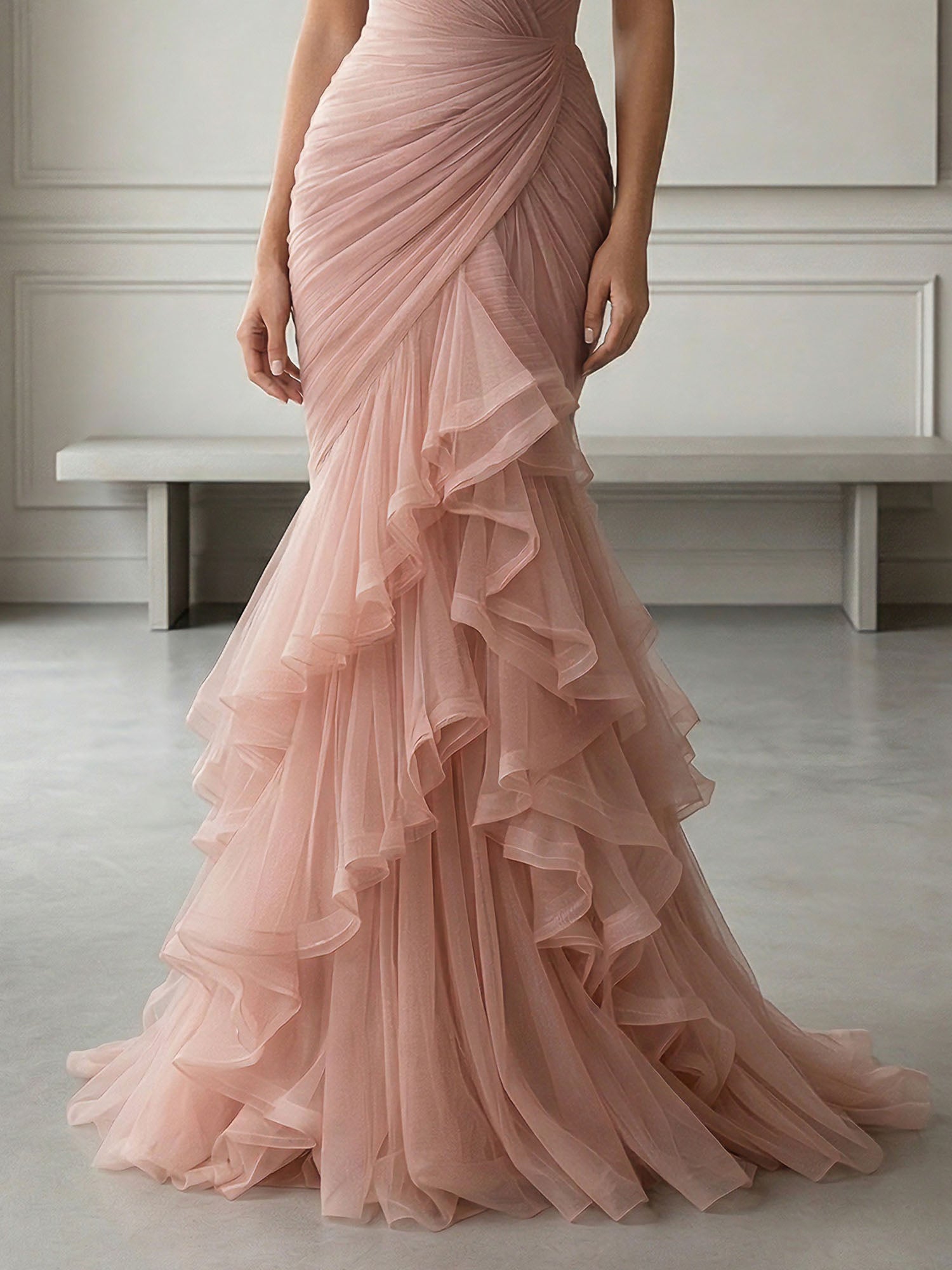 Mauve Folds Tulle Strapless Sleeveless Mermaid Gown Dress