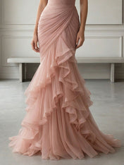 Mauve Folds Tulle Strapless Sleeveless Mermaid Gown Dress
