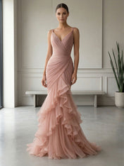 Mauve Folds Tulle Strapless Sleeveless Mermaid Gown Dress