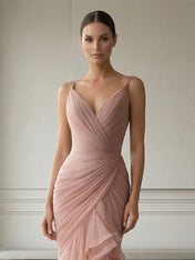 Mauve Folds Tulle Strapless Sleeveless Mermaid Gown Dress