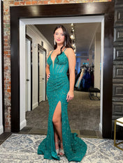 Teal Green Beaded Plunging V-Neck Corset Prom Dress with Slit