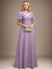 A-line Scoop Illusion Floor-Length Lace Chiffon Mother of the Bride Dress With Sequins