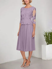 A-line Scoop Tea-Length Lace Chiffon Mother of the Bride Dress With Embroidery