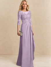 A-line Scoop Illusion Floor-Length Chiffon Lace Mother of the Bride Dress With Beading Sequins Cascading Ruffles